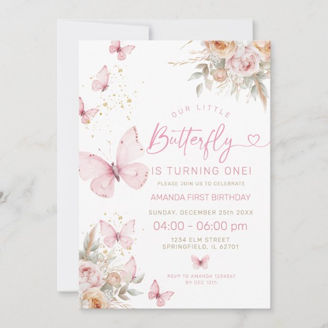Rosa Boho Flowers and Butterflies Birthday Inbjudningar (Framsida)