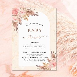  rosa boho för babyduschpampas gräs ro guld inbjudningar