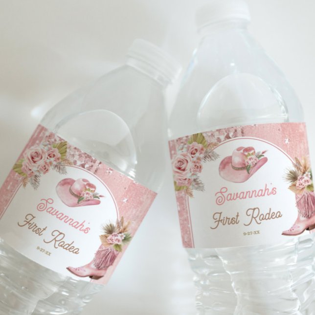 Rosa Boho Första Rodeo 1-årsdag Vattenflaska Etikett (Pink Boho First Rodeo 1st Birthday Water Bottle Label)