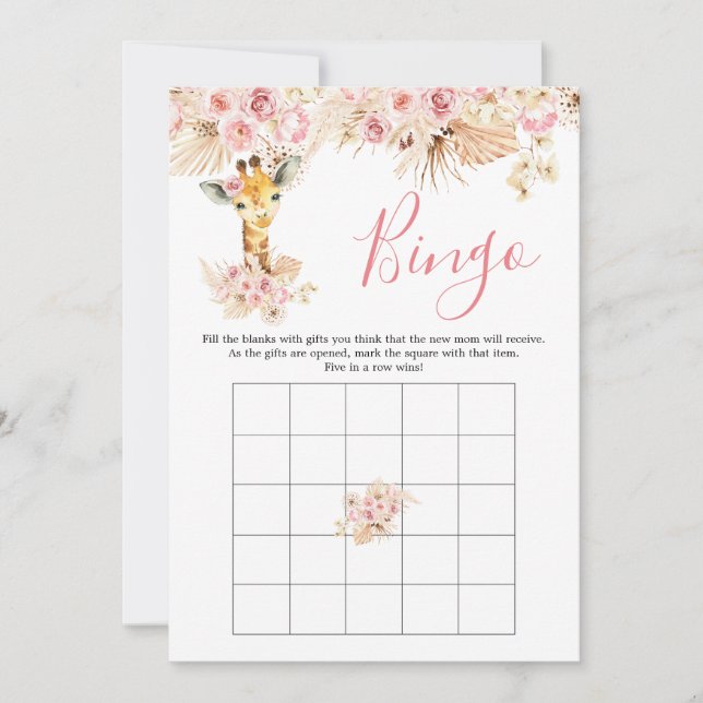  Rosa Boho Giraffe Baby Shower Bingo Game Inbjudningar (Framsida)
