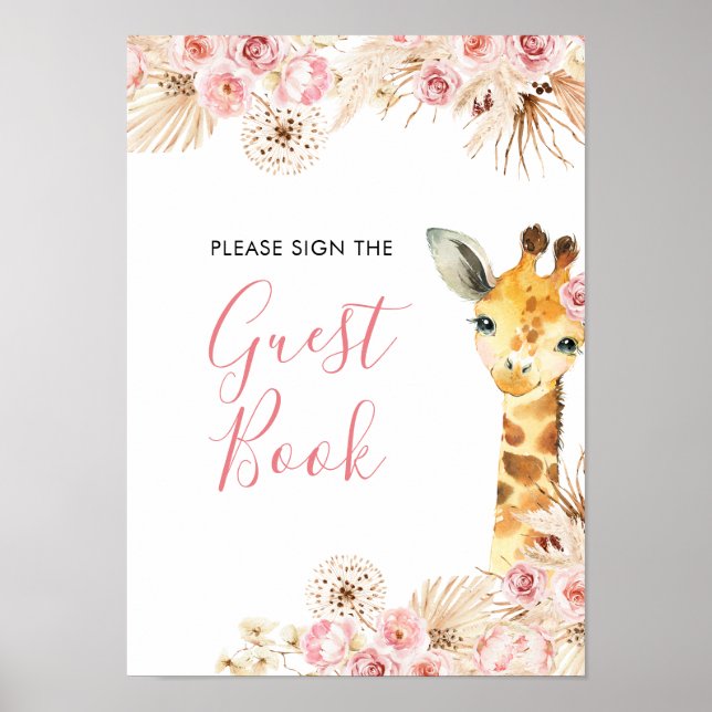  Rosa Boho Giraffe Baby Shower Guest Bok Poster (Framsidan)