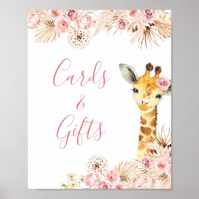  Rosa Boho Giraffe Baby Shower-kort och gåvor Poster (Framsidan)