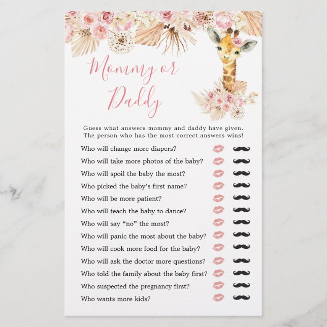  Rosa Boho Giraffe Baby Shower Mamma eller pappa (Framsida)