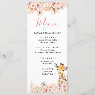  Rosa Boho Giraffe Baby Shower-menykort Meny