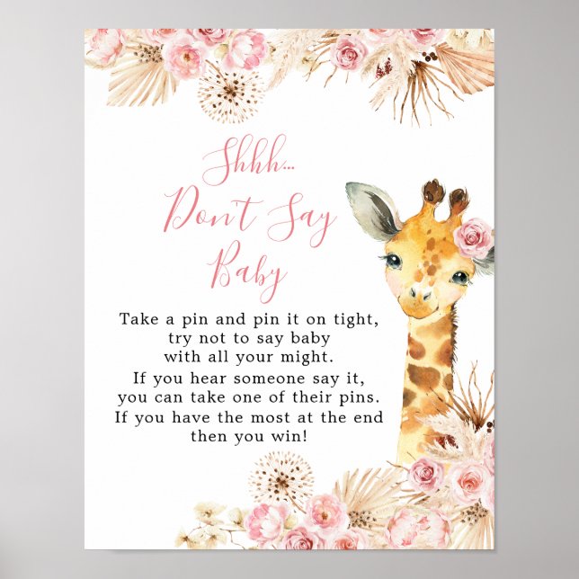  Rosa Boho Giraffe Baby Shower Säg inte Baby Poster (Framsidan)