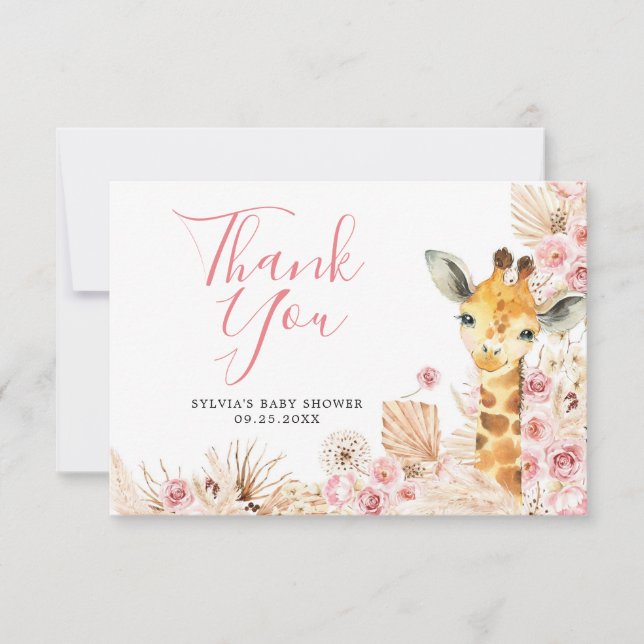  Rosa Boho Giraffe Baby Shower Tack för ditt kort (Framsida)