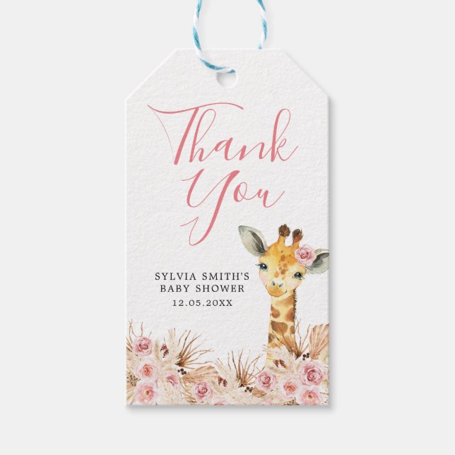  Rosa Boho Giraffe Baby Shower Tack Märkre Presentetikett (Framsidan)