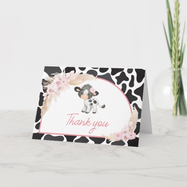 Rosa Boho Highland Cow Baby Shower Tack Kort (Framsida)
