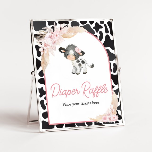 Rosa Boho Highland Cow Diaper Raffle Poster (Girl Floral Highland Cow Baby Shower Diaper Raffle Sign)