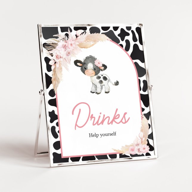 Rosa Boho Highland Cow Drinks Poster (Girl Floral Highland Cow Baby Shower Drinks Sign)