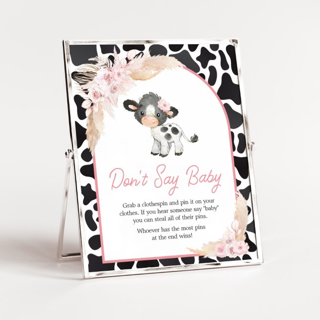 Rosa Boho Highland Cow Säg inte Baby Poster (Girl Floral Highland Cow Baby Shower Don't Say Baby Sign)