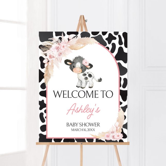 Rosa Boho Highland Cow Välkommen Poster (Girl Floral Highland Cow Baby Shower Welcome Sign)