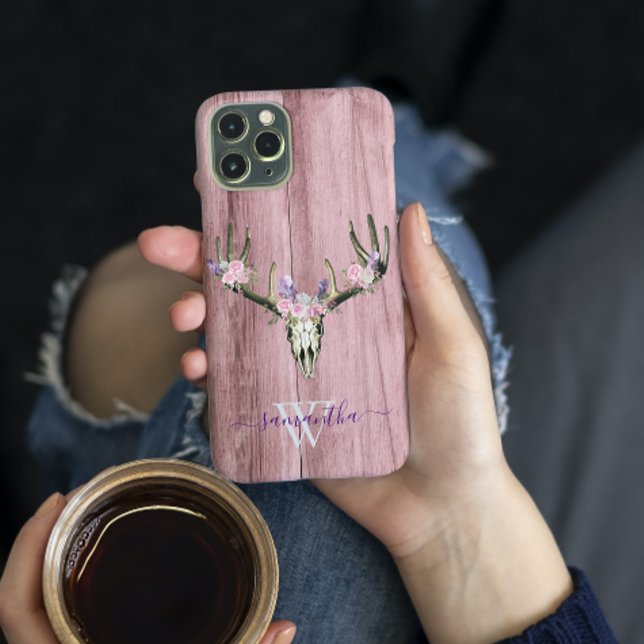 Rosa Boho Hjort Skull Blommigt Monogram Chic (Skapare uppladdad)