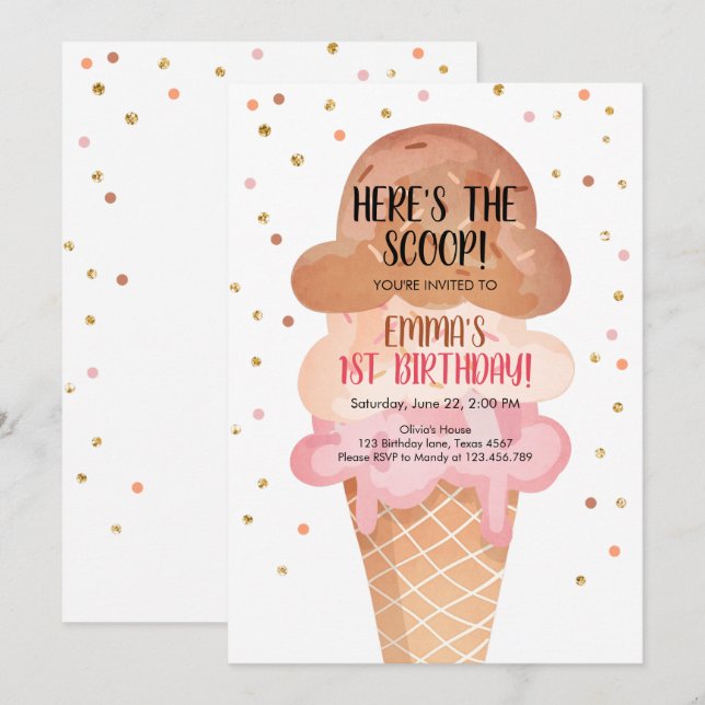 Rosa Boho Ice Cream Cone Confetti Birthday Inbjuda Inbjudningar (Fram/baksida)