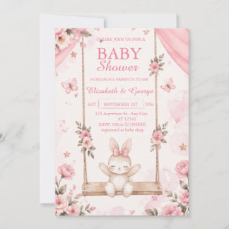 Rosa Boho Kanin Bebis Shower Inbjudan Tjej