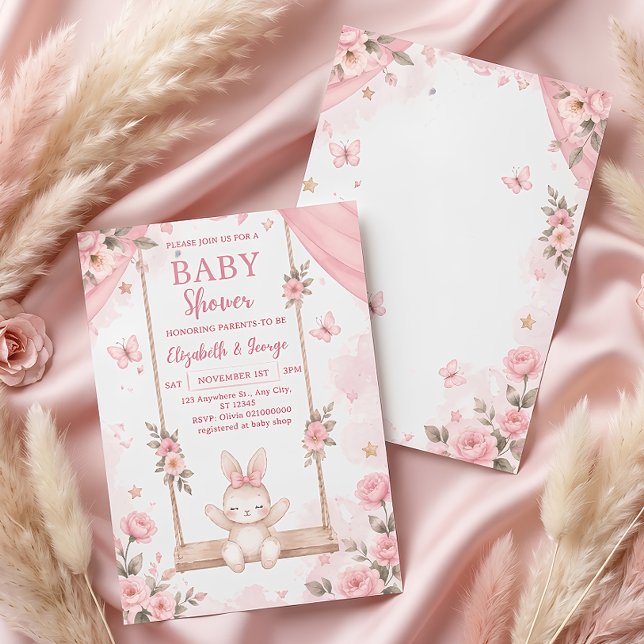 Rosa Boho Kanin Bebis Shower Inbjudan Tjej (Skapare uppladdad)