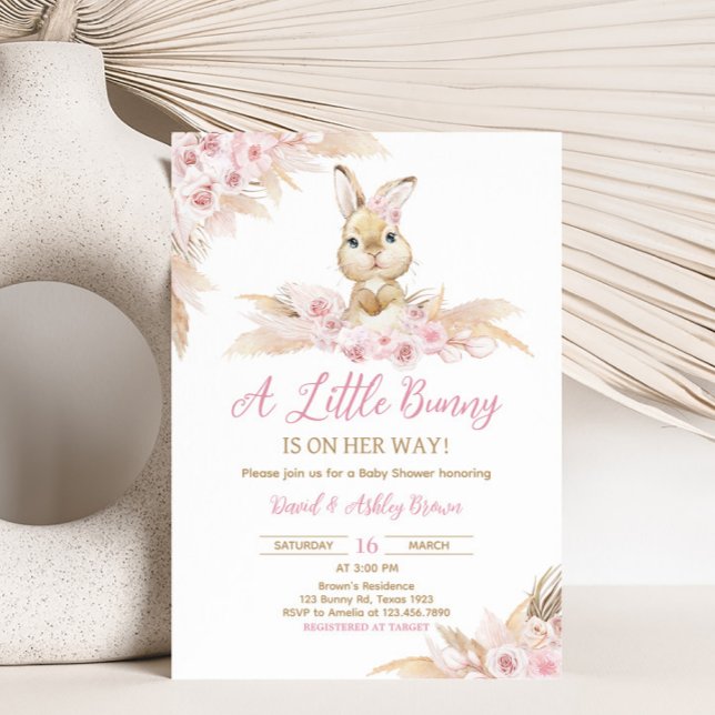 Rosa Boho Kanin Bebis Shower Inbjudningar (Pampas Grass Girl Bunny Baby Shower Invitation)