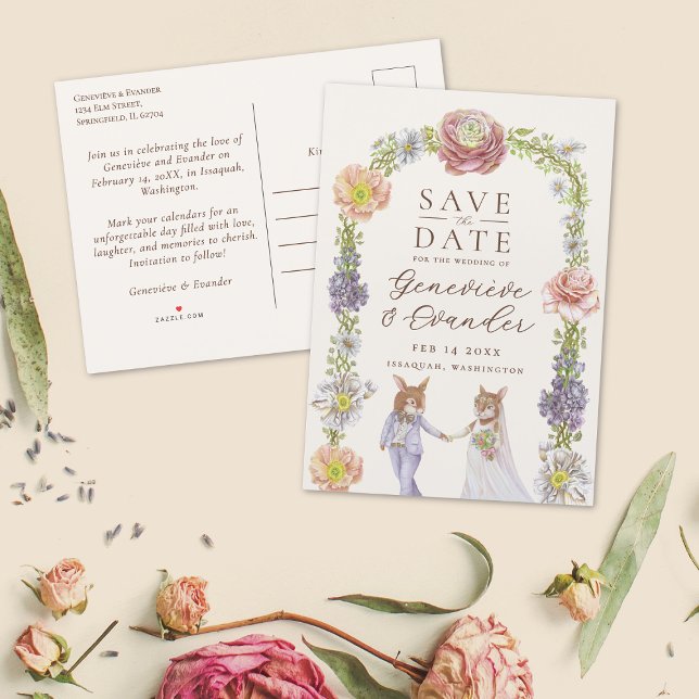 Rosa Boho Kanin Kärlek Blommig Bröllop Spara Datum Meddelande Vykort (Illustrated bunny rabbit themed wedding save the date postcards with watercolor flowers)