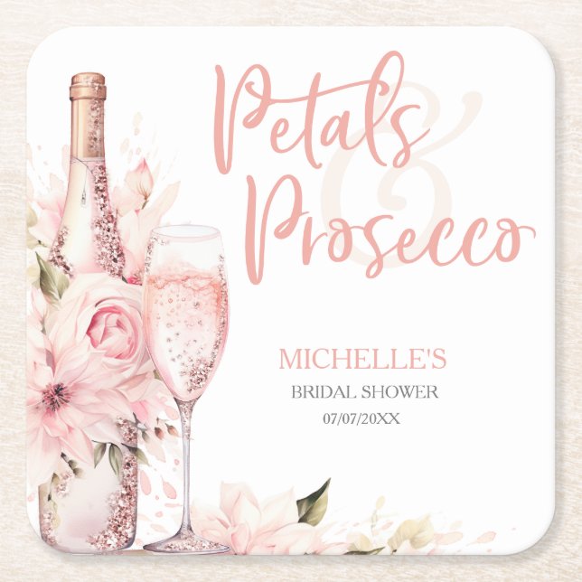 Rosa Boho-kronblad och Prosecco blommig Underlägg Papper Kvadrat (Framsidan)