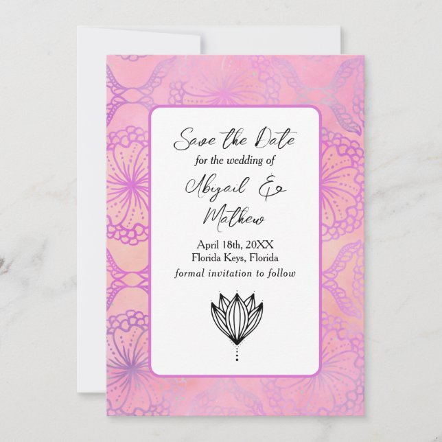 Rosa Boho Modern India Tropical Save the Date Spara Datumet (Framsida)