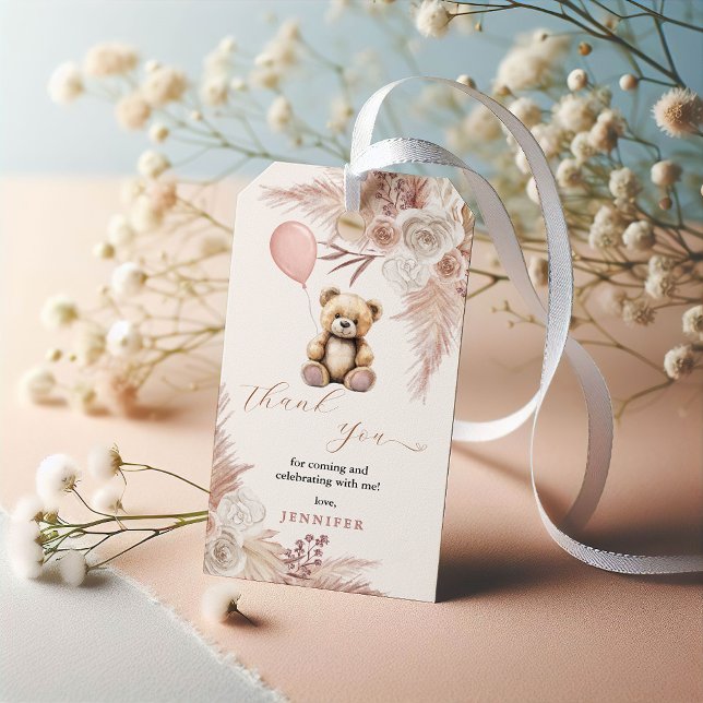 Rosa Boho Nalle Baby Shower Tack Presentetikett (Skapare uppladdad)