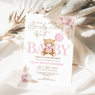 Rosa Boho Nalle Pampas Grass Girl Baby Shower Inbjudningar