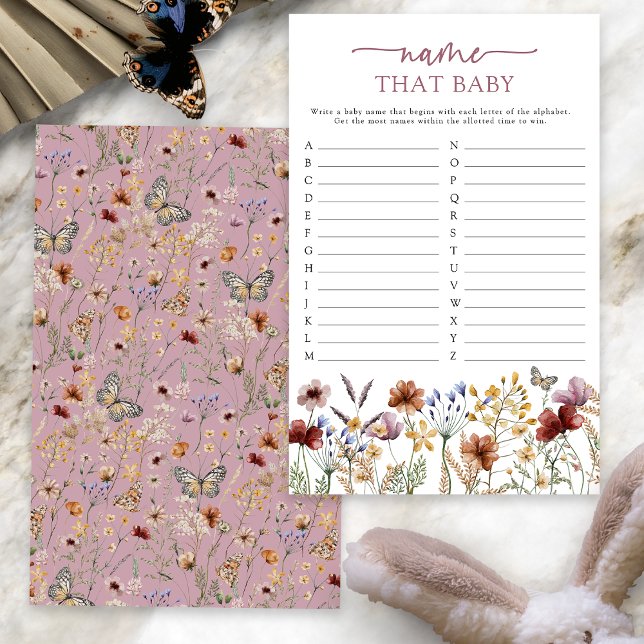 Rosa Boho Namn att Baby Game (Dusty Pink Boho Floral Name That Baby Game Card with Butterfly by Painted Paperie
)