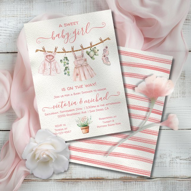 Rosa Boho Nature Baby Shower Girl Clothesline Inbjudningar (Skapare uppladdad)