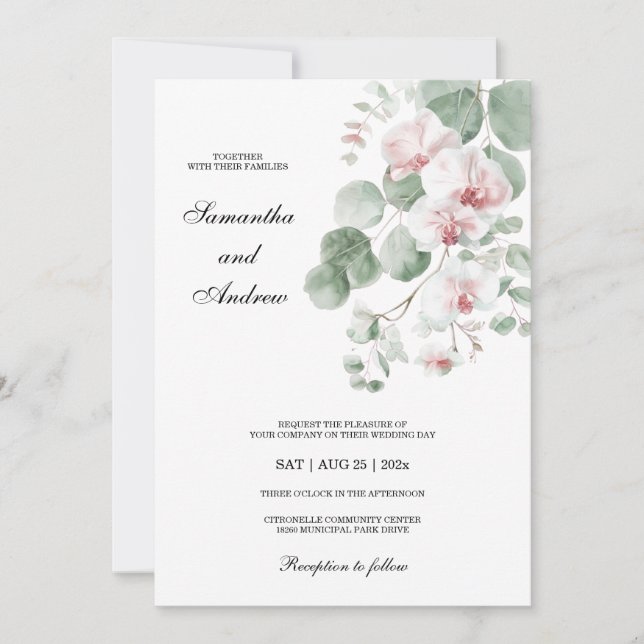 Rosa Boho Orchid Thmet Bröllop Inbjudningar (Framsida)