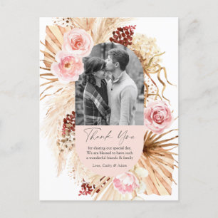 Rosa Boho Pampas Blommigt Photo Bröllop Tack Vykort