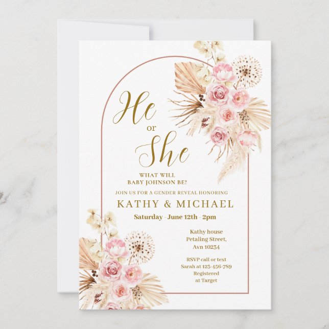 Rosa Boho Pampas Gender Reveal Inbjudningar (Framsida)