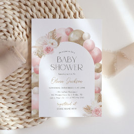 Rosa Boho Pampas Grass Arch Girl Baby Shower Inbjudningar