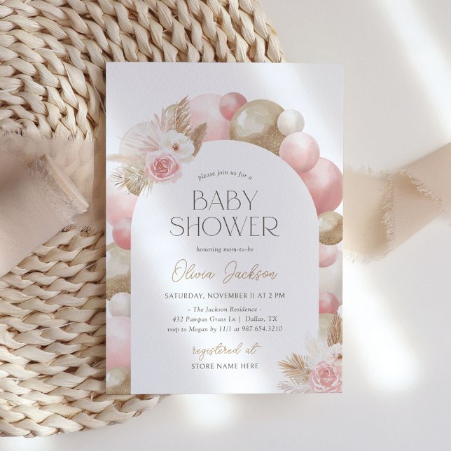 Rosa Boho Pampas Grass Arch Girl Baby Shower Inbjudningar (Skapare uppladdad)