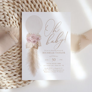 Rosa Boho Pampas Grass Balloon Girl Baby Shower Inbjudningar