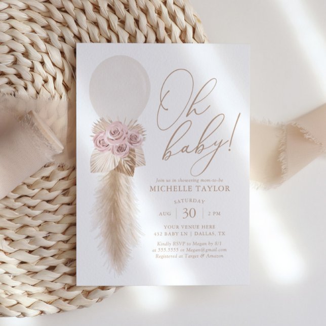 Rosa Boho Pampas Grass Balloon Girl Baby Shower Inbjudningar (Skapare uppladdad)
