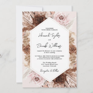 Rosa Boho Pampas Grass Blommigt Bröllop Inbjudningar