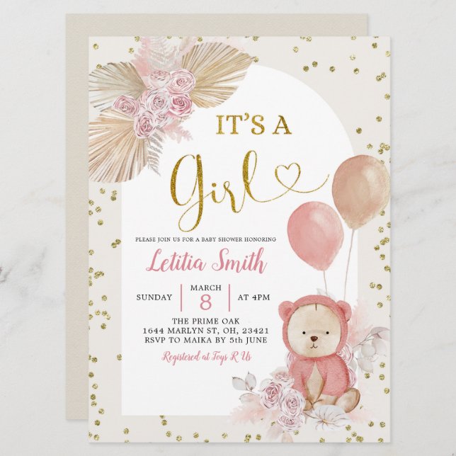 Rosa Boho Pampas Grass Girl Baby Shower-inbjudan Inbjudningar (Fram/baksida)
