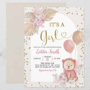 Rosa Boho Pampas Grass Girl Baby Shower-inbjudan Inbjudningar