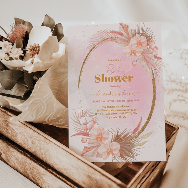 Rosa Boho Pampas Grass Girl Baby Shower Inbjudningar (Skapare uppladdad)