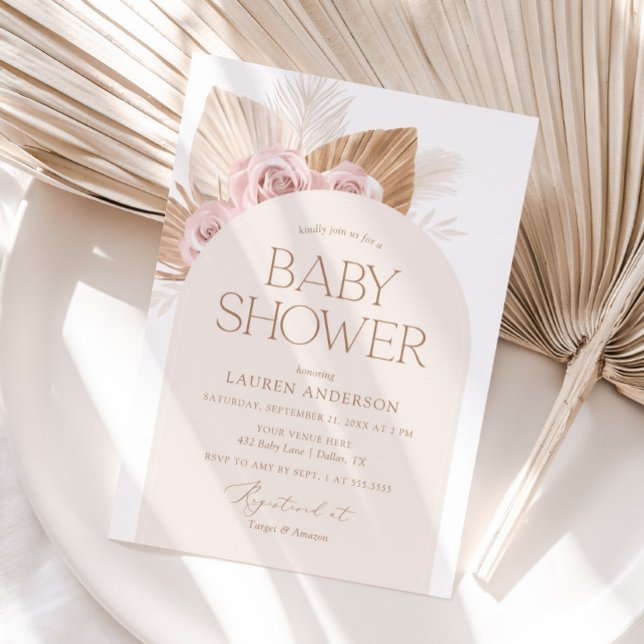 Rosa Boho Pampas Grass Girl Baby Shower Inbjudningar (Skapare uppladdad)