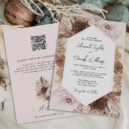  Rosa Boho Pampas Grass QR Code OSA Bröllop Inbjudningar