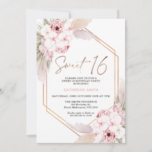 Rosa Boho Pampas Grass Sweet 16 Birthday Inbjudningar