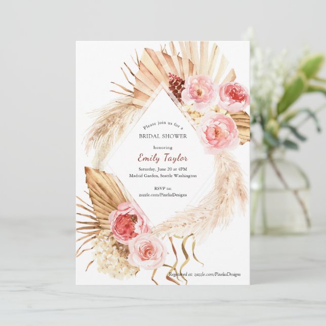  Rosa Boho Pampas Watercolor Blommigt Möhippa Inbjudningar (Stående Fram)