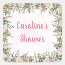 Rosa Boho Pampasgräs presentsticker | Bröllop Fyrkantigt Klistermärke