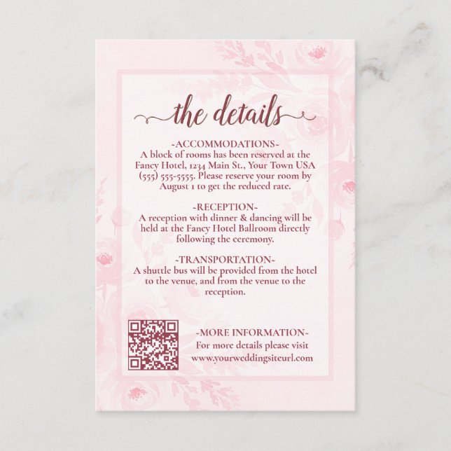 Rosa Boho Peonies Bröllopsdetaljer QR-kod Tilläggskort (Framsida)