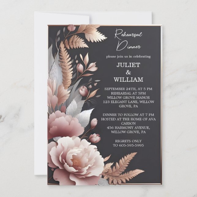 Rosa Boho Peony Garden Dusty Ro Rehearsal Dinner Inbjudningar (Framsida)