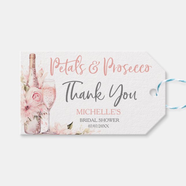  Rosa Boho Petals och Prosecco-Blommigten Presentetikett (Framsidan (Horisontell))