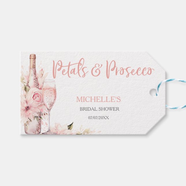 Rosa Boho Petals och Prosecco-Blommigten Presentetikett (Framsidan (Horisontell))
