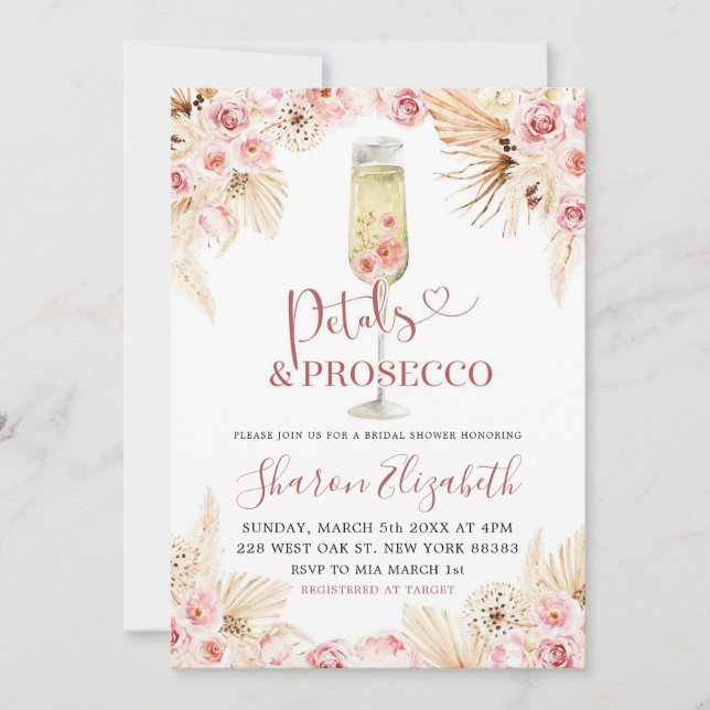 Rosa Boho Petals och Prosecco Möhippa Tema Inbjudningar (Framsida)