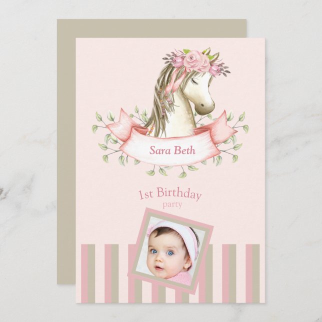 Rosa Boho Pony Photo Flicka 1:a födelsedag Inbjudningar (Fram/baksida)